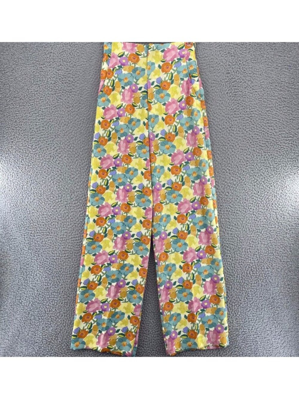 ZARA Pants Womens Extra Small Yellow Pink Floral High Waist Straight Leg Pockets